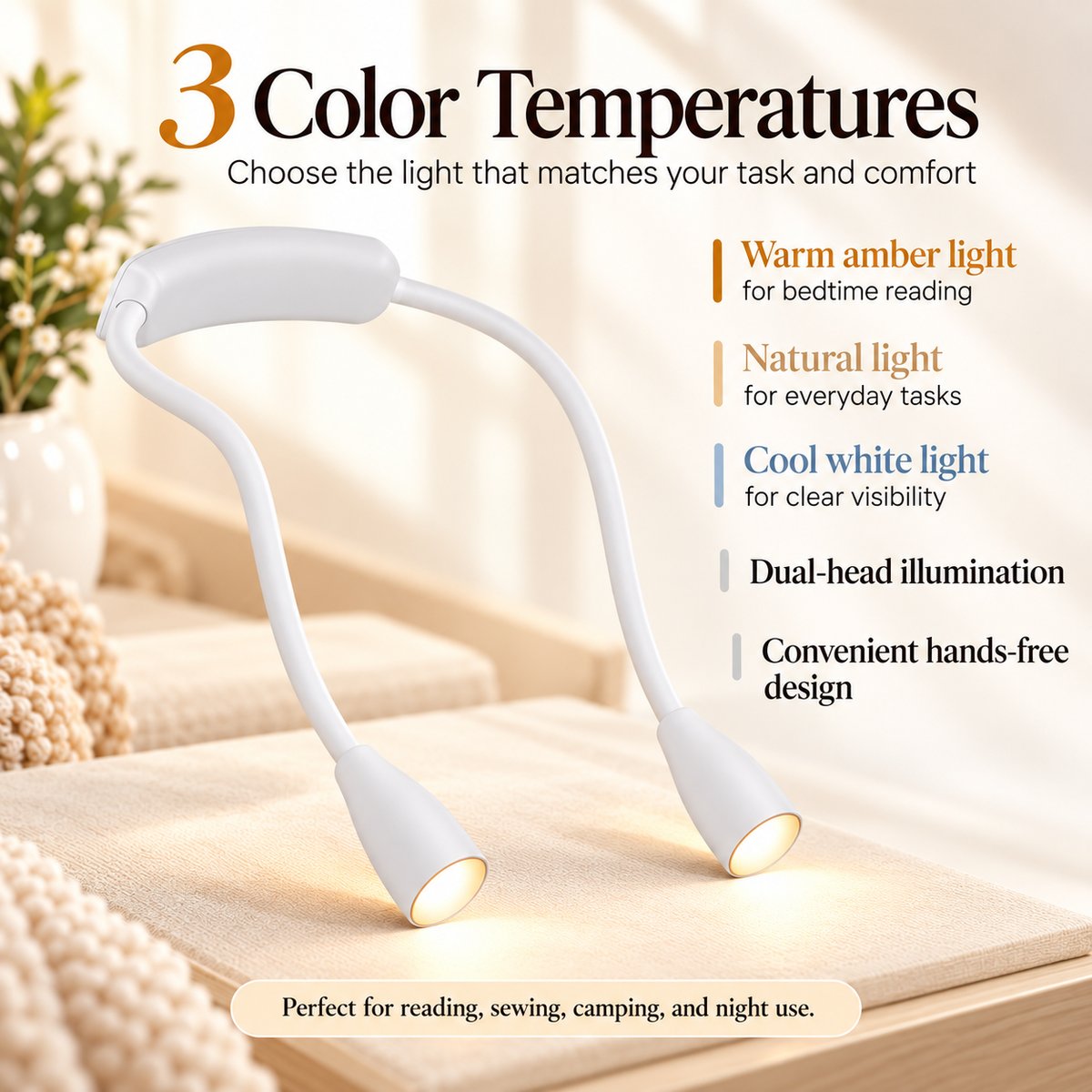 LED Neck Reading Light USB Rechargeable 3 Colours Dimmable Hands Free
