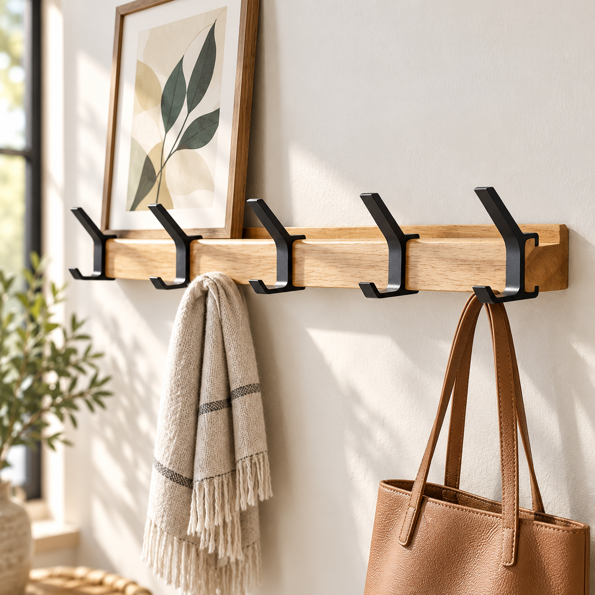 Wall Coat Rack Folding Double Hooks Wood Aluminium Scandi Design