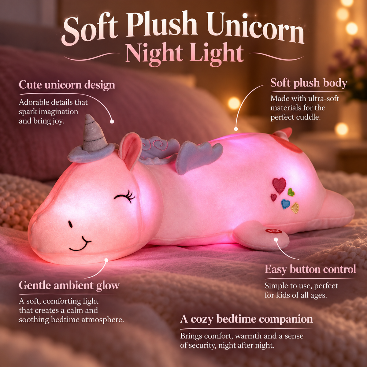 Light Up Unicorn Plush Toy Rainbow LED Cuddly Night Light for Kids