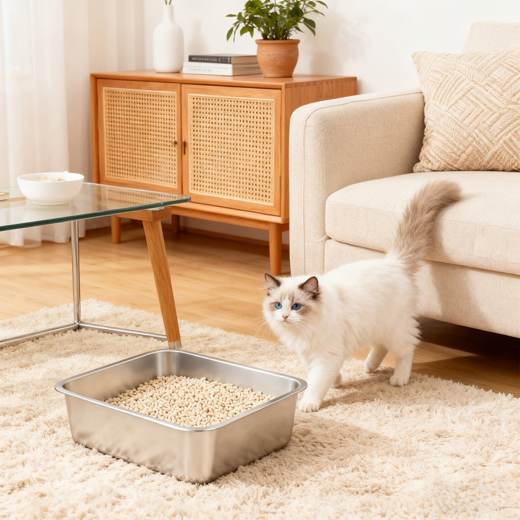 Stainless Steel Cat Litter Tray with Low Entry Large Rectangular Box