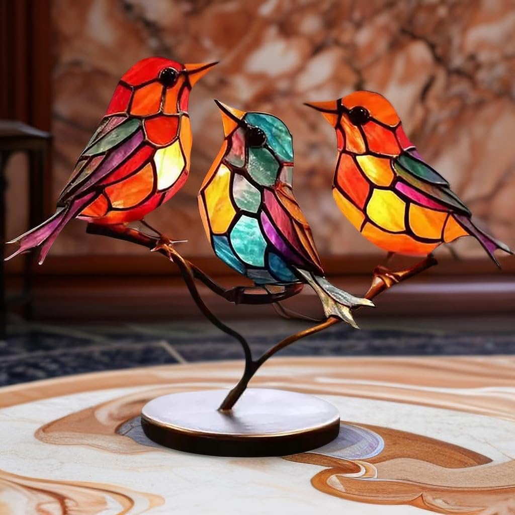 Stained Glass Bird Table Lamp with LED Decorative Light