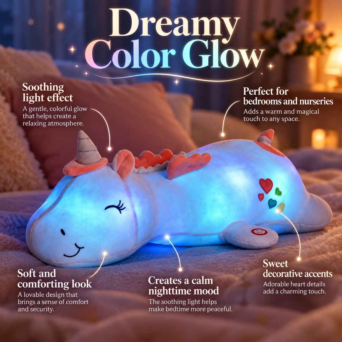 Light Up Unicorn Plush Toy Rainbow LED Cuddly Night Light for Kids