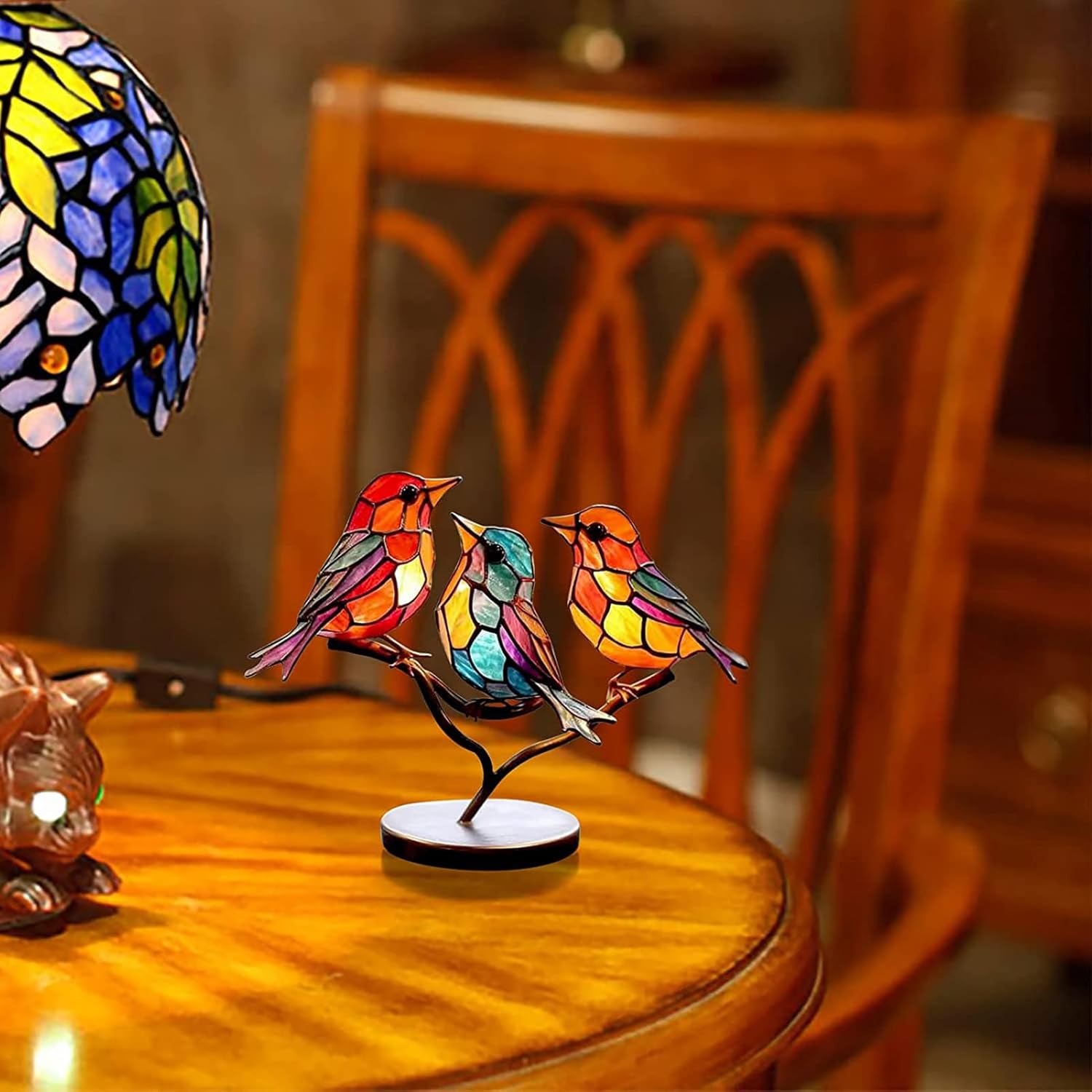 Stained Glass Bird Table Lamp with LED Decorative Light