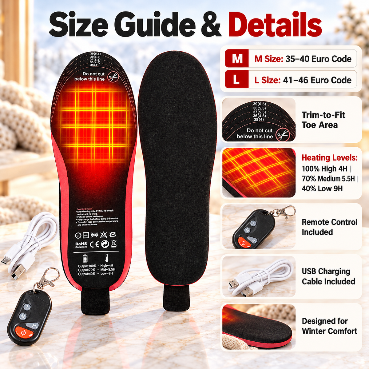 Rechargeable Heated Insoles Electric Foot Warmers Remote 3 Heat