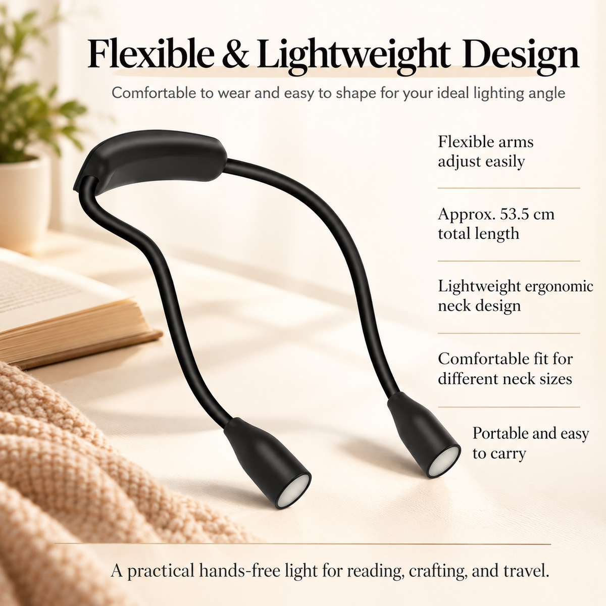 LED Neck Reading Light USB Rechargeable 3 Colours Dimmable Hands Free