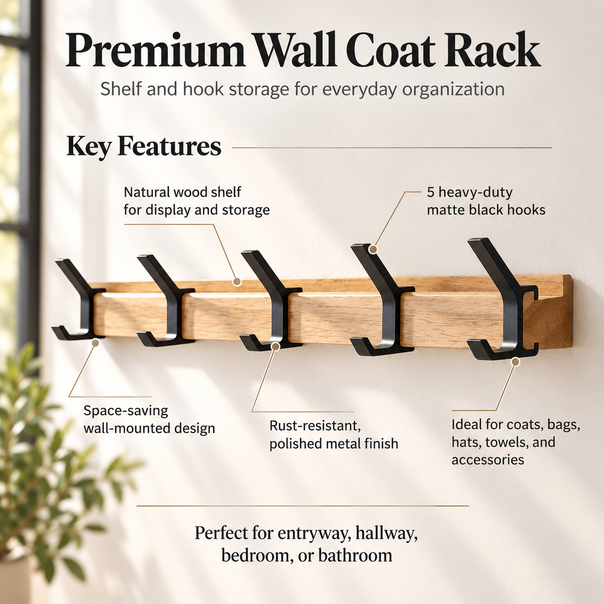 Wall Coat Rack Folding Double Hooks Wood Aluminium Scandi Design