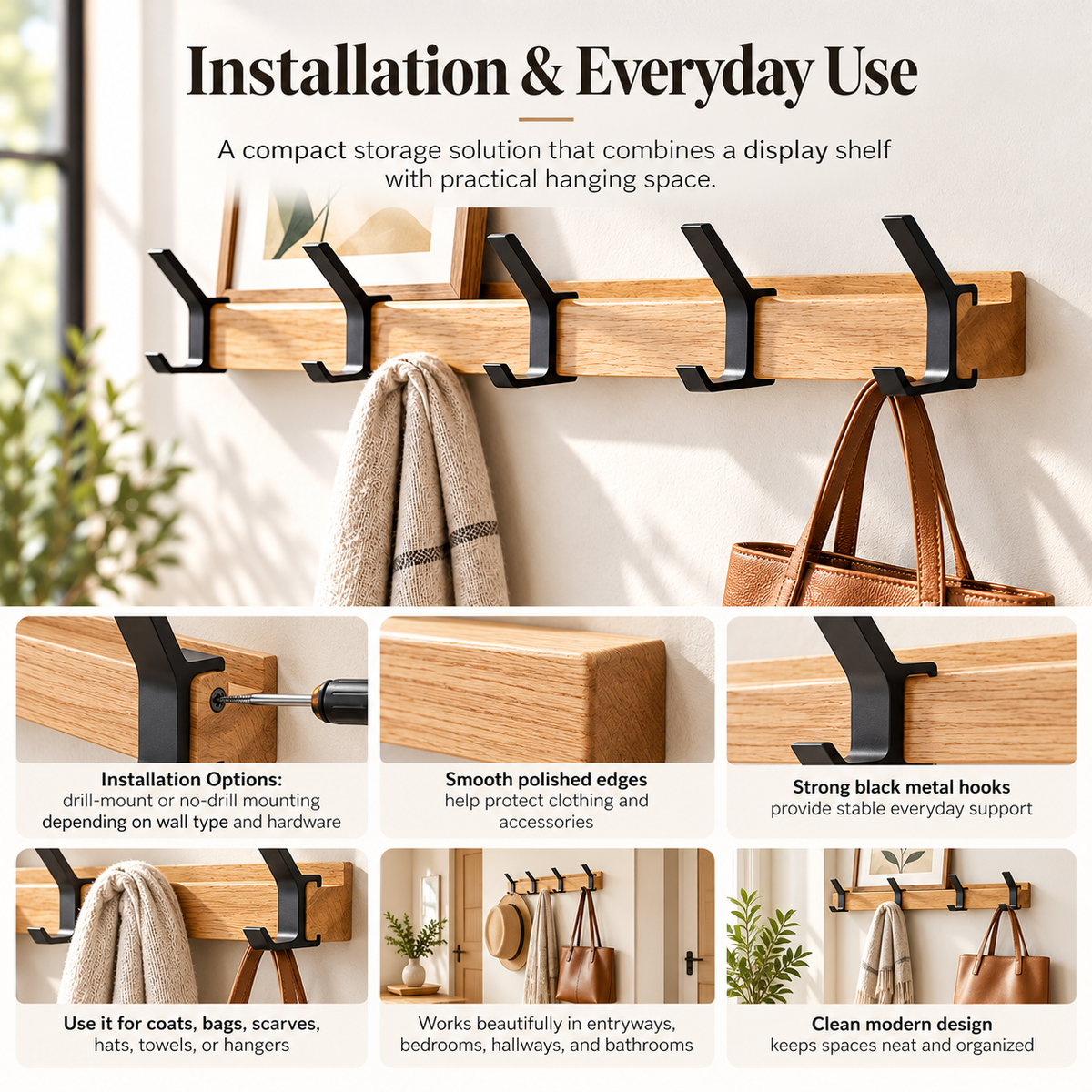 Wall Coat Rack Folding Double Hooks Wood Aluminium Scandi Design