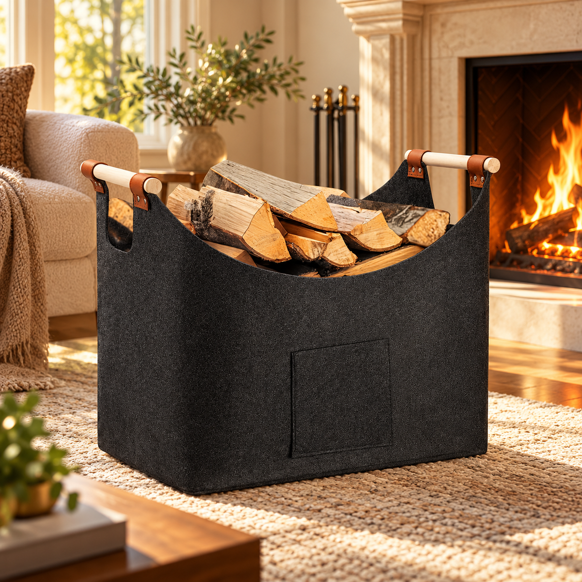 Foldable Felt Firewood Basket 55L with Wooden Handles Dark Grey