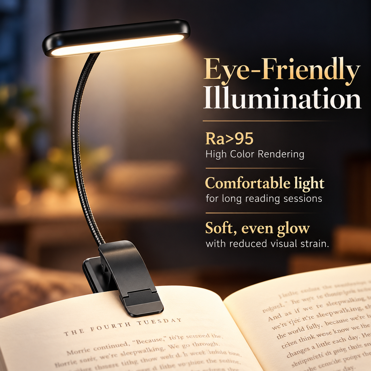 Clip On Book Reading Light USB Rechargeable Dimmable 3 Color LED Lamp
