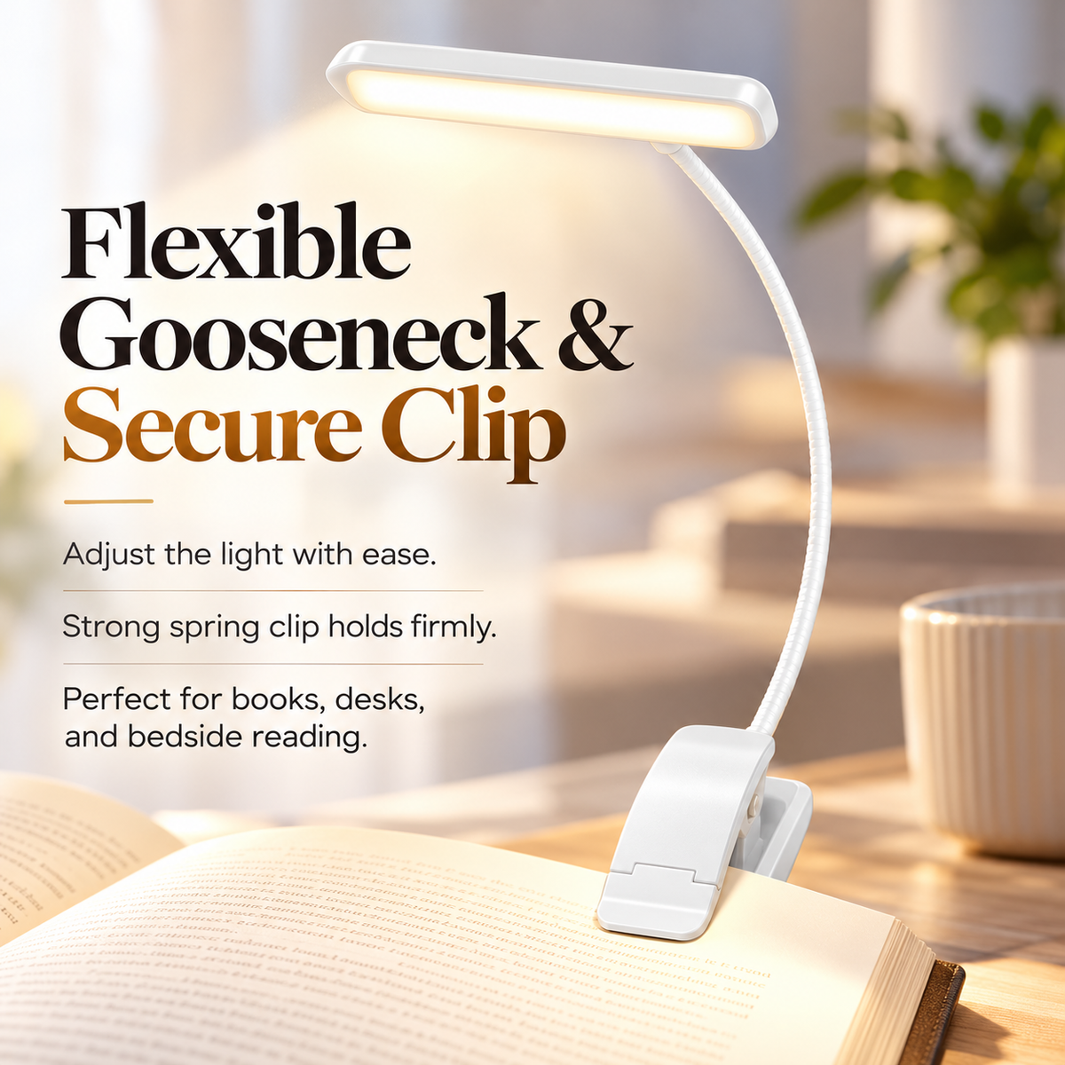 Clip On Book Reading Light USB Rechargeable Dimmable 3 Color LED Lamp