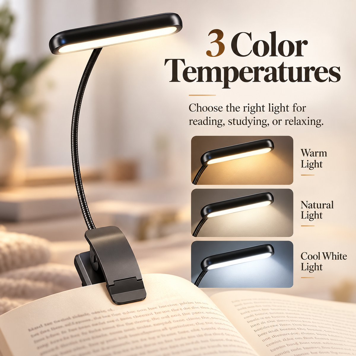 Clip On Book Reading Light USB Rechargeable Dimmable 3 Color LED Lamp