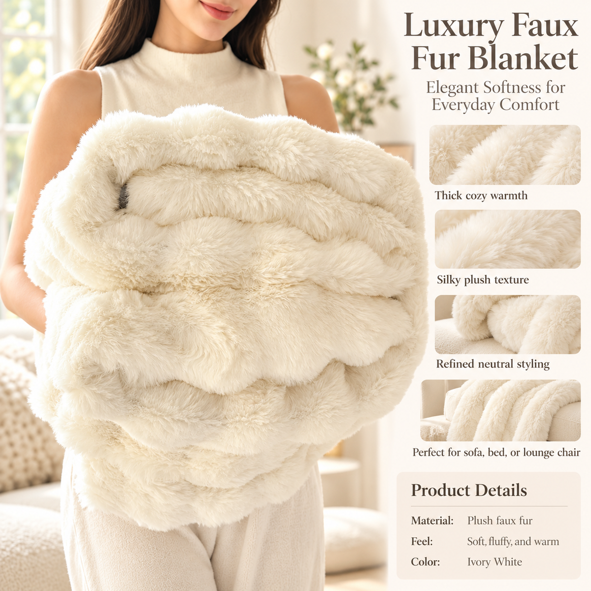 Faux Rabbit Fur Throw Blanket Double Layer Extra Thick Fluffy Plush