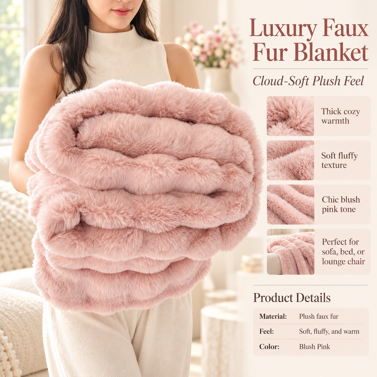 Faux Rabbit Fur Throw Blanket Double Layer Extra Thick Fluffy Plush