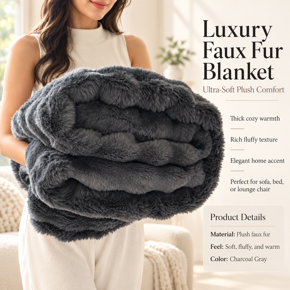 Faux Rabbit Fur Throw Blanket Double Layer Extra Thick Fluffy Plush