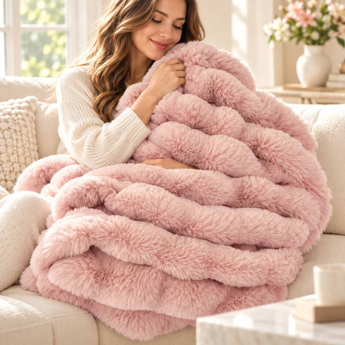 Faux Rabbit Fur Throw Blanket Double Layer Extra Thick Fluffy Plush