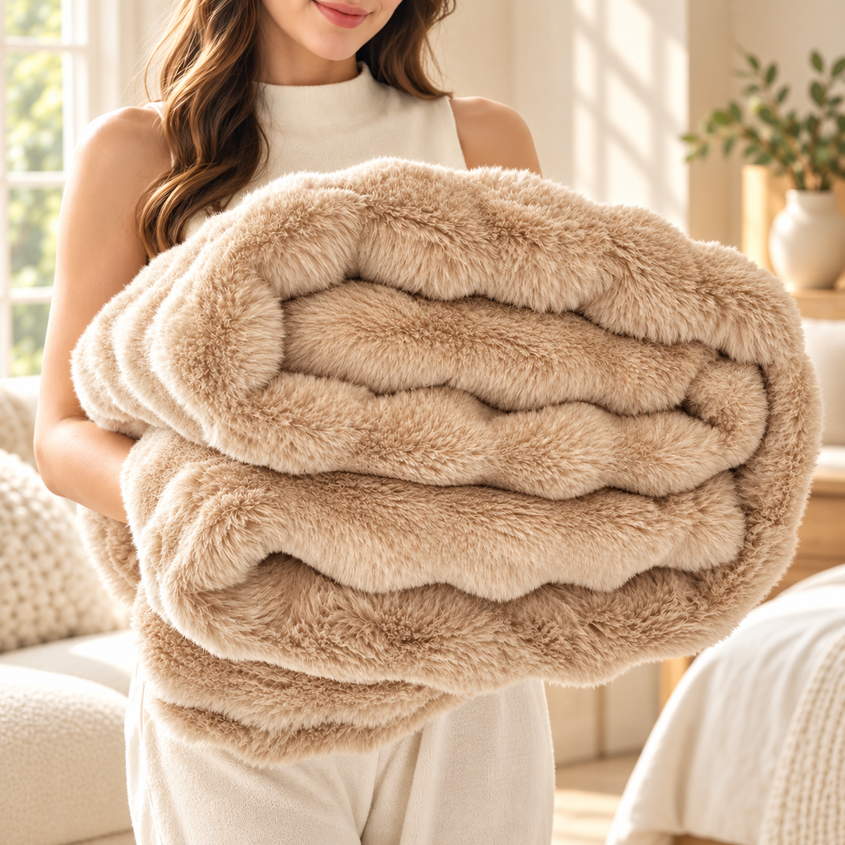 Faux Rabbit Fur Throw Blanket Double Layer Extra Thick Fluffy Plush