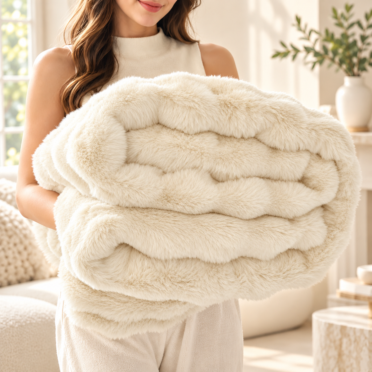 Faux Rabbit Fur Throw Blanket Double Layer Extra Thick Fluffy Plush