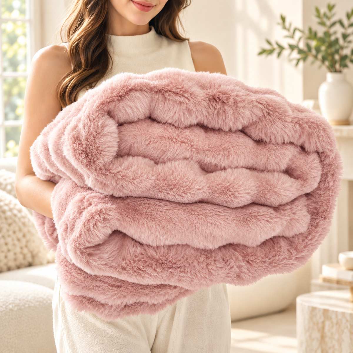 Faux Rabbit Fur Throw Blanket Double Layer Extra Thick Fluffy Plush