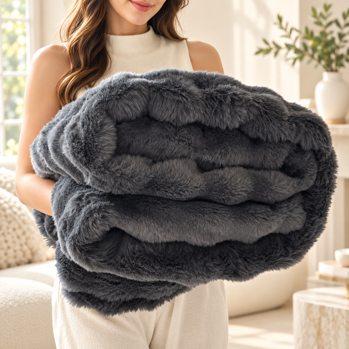 Faux Rabbit Fur Throw Blanket Double Layer Extra Thick Fluffy Plush