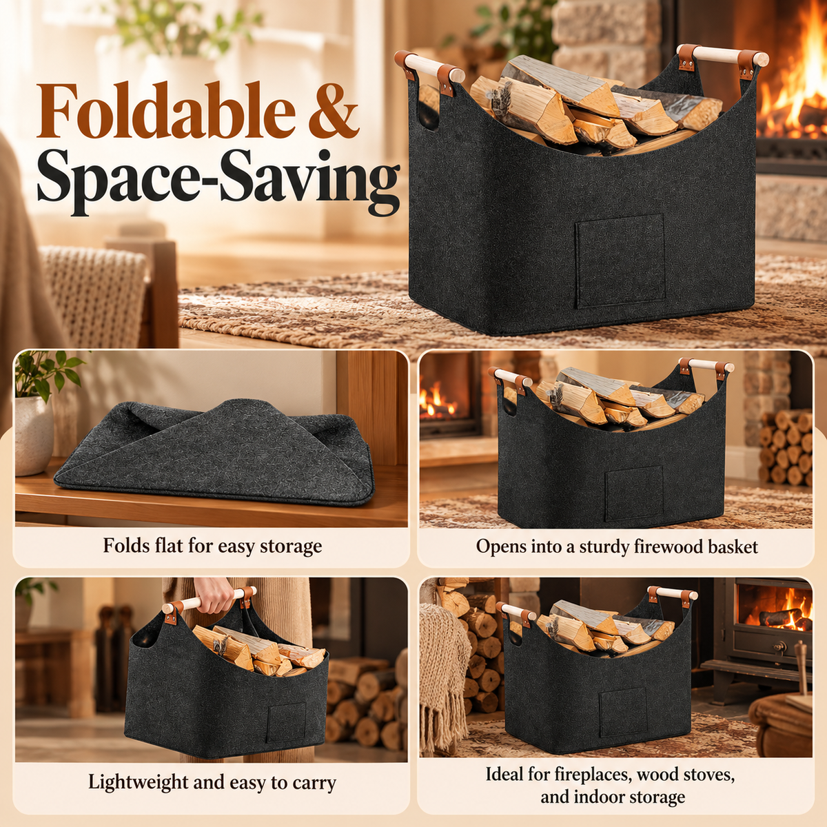 Foldable Felt Firewood Basket 55L with Wooden Handles Dark Grey