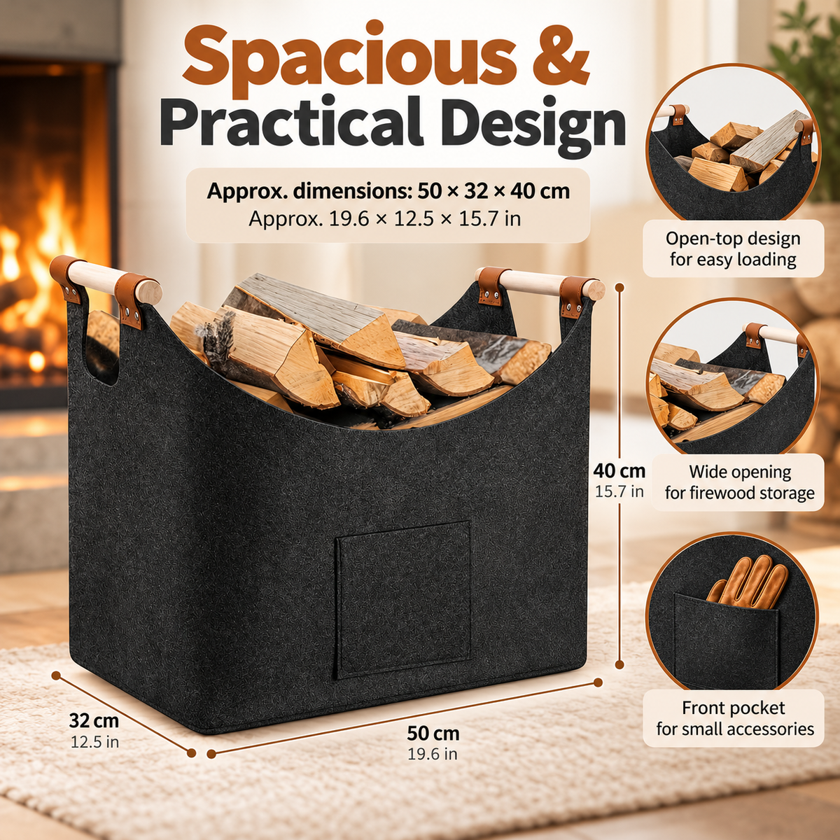 Foldable Felt Firewood Basket 55L with Wooden Handles Dark Grey