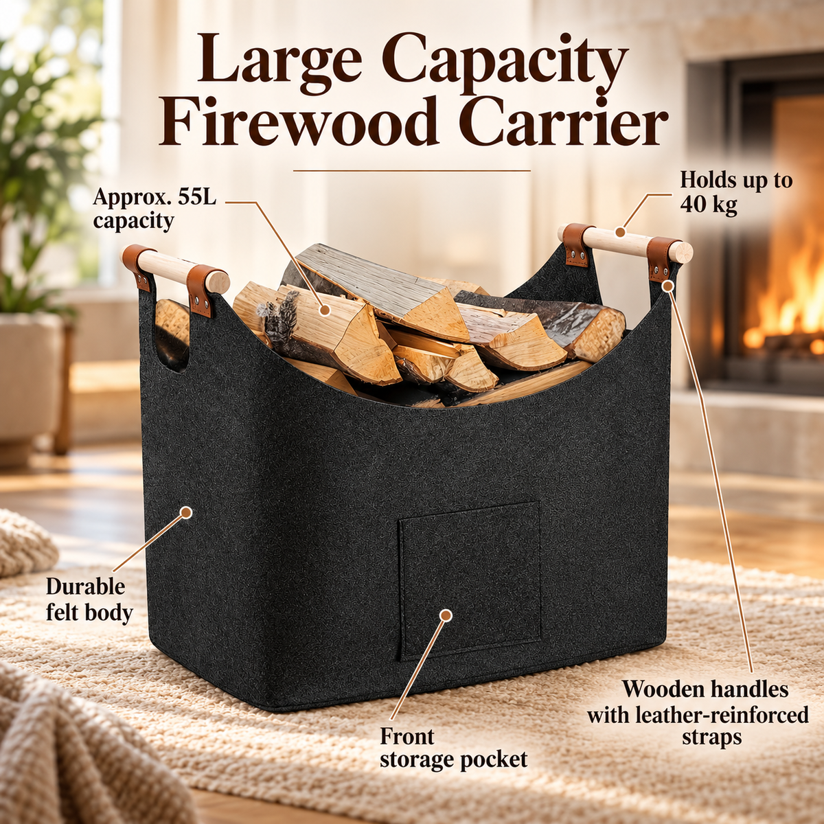 Foldable Felt Firewood Basket 55L with Wooden Handles Dark Grey