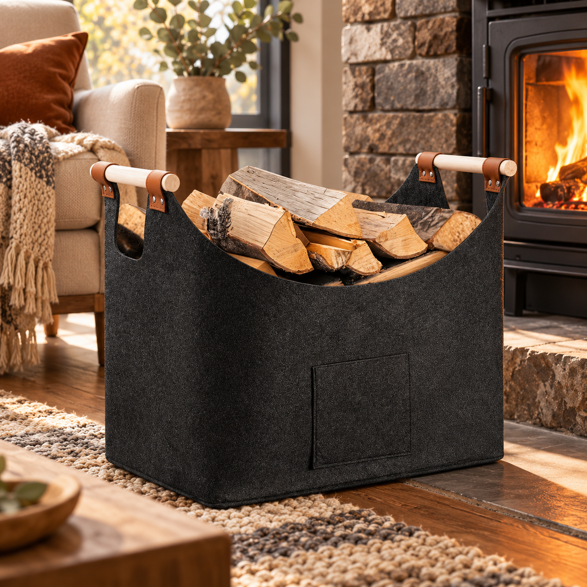 Foldable Felt Firewood Basket 55L with Wooden Handles Dark Grey