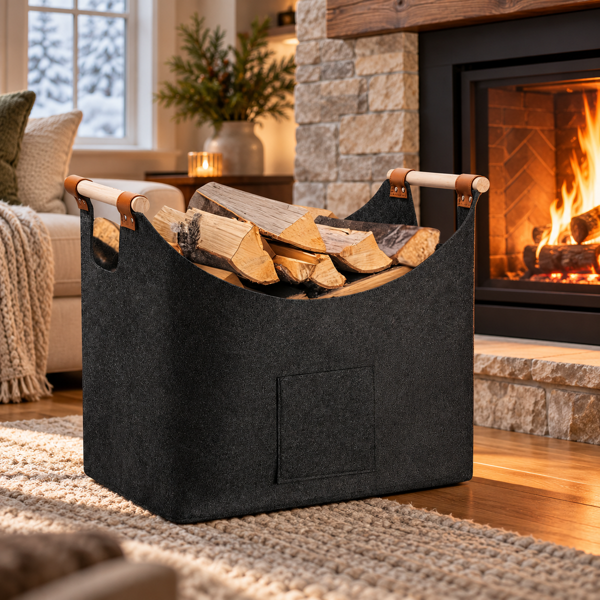 Foldable Felt Firewood Basket 55L with Wooden Handles Dark Grey