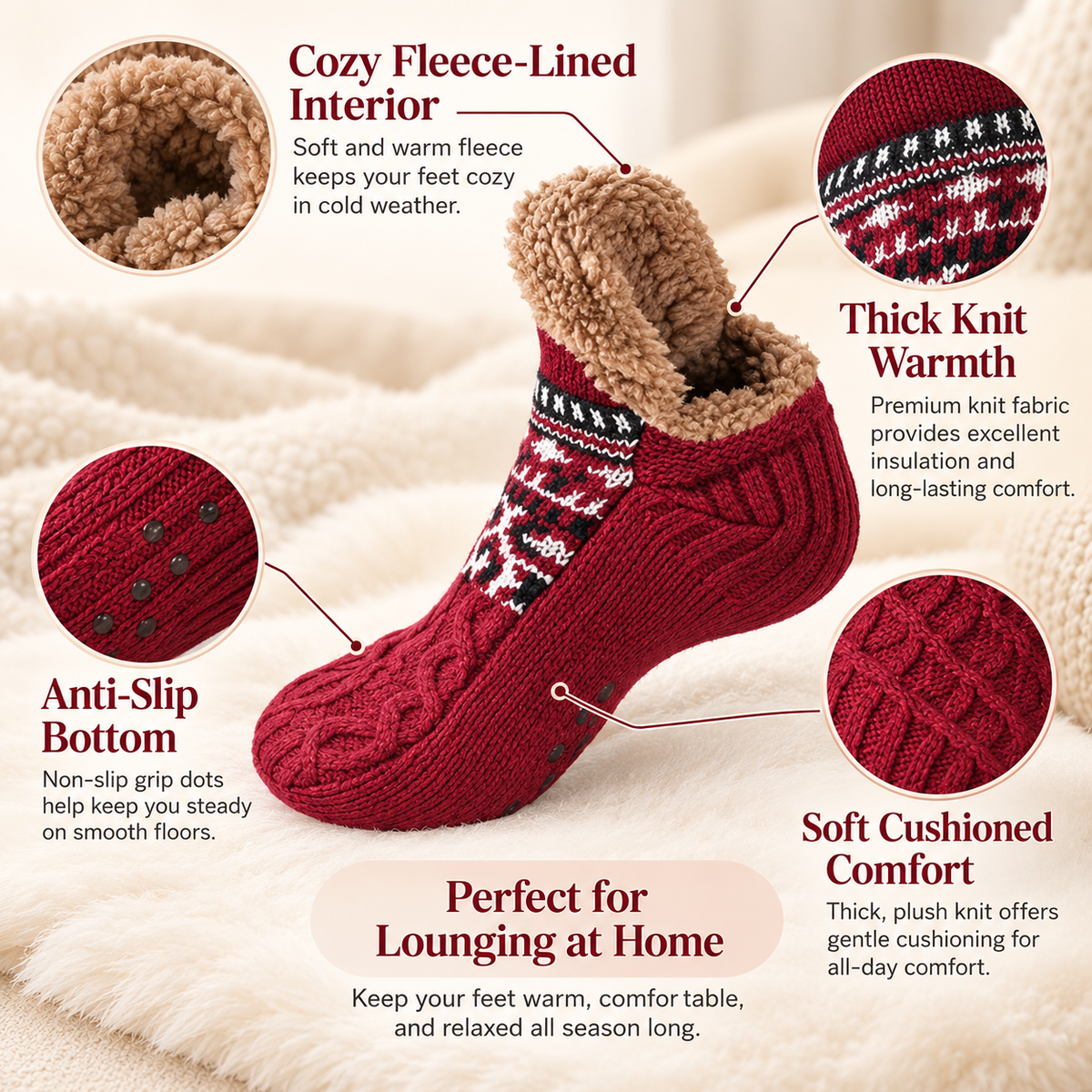 Sherpa Lined Slipper Socks Non Slip Thick Knit Winter House Socks