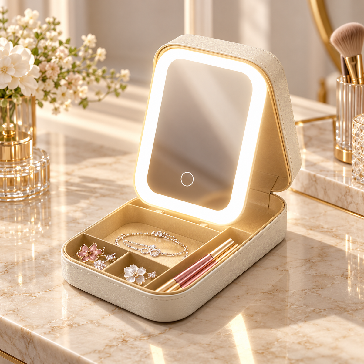 Travel Makeup Case with LED Mirror Rechargeable Jewelry Organizer Box