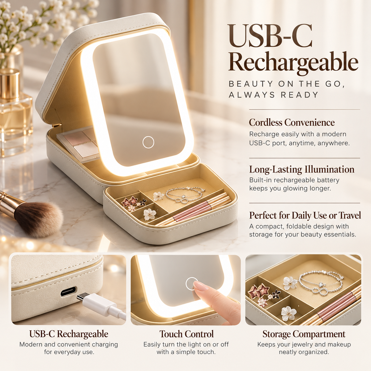 Travel Makeup Case with LED Mirror Rechargeable Jewelry Organizer Box