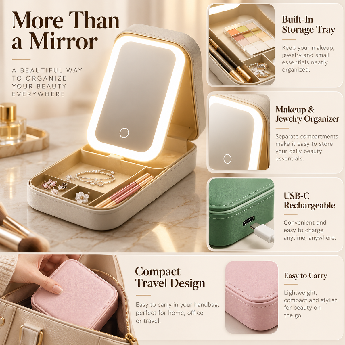 Travel Makeup Case with LED Mirror Rechargeable Jewelry Organizer Box