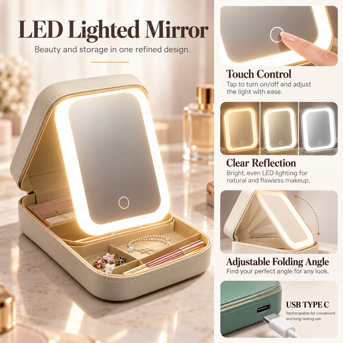 Travel Makeup Case with LED Mirror Rechargeable Jewelry Organizer Box