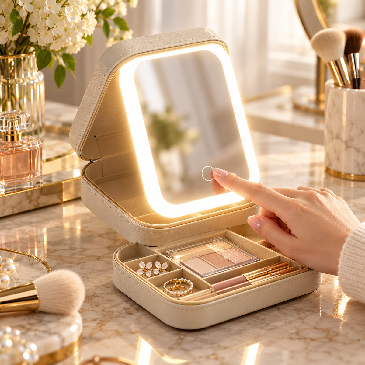 Travel Makeup Case with LED Mirror Rechargeable Jewelry Organizer Box