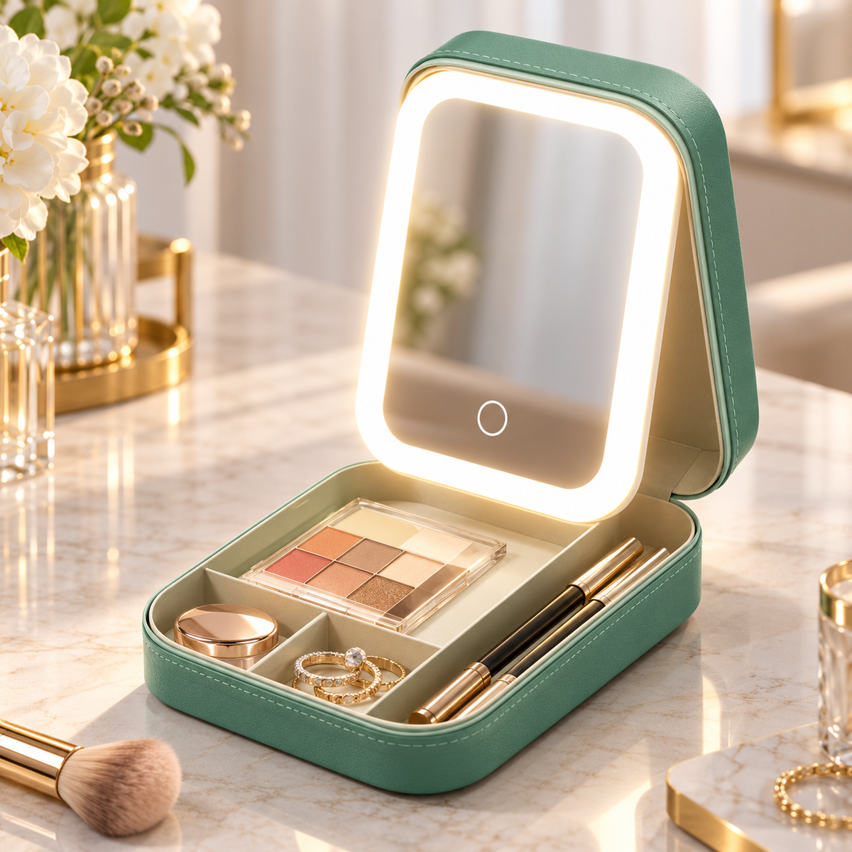 Travel Makeup Case with LED Mirror Rechargeable Jewelry Organizer Box
