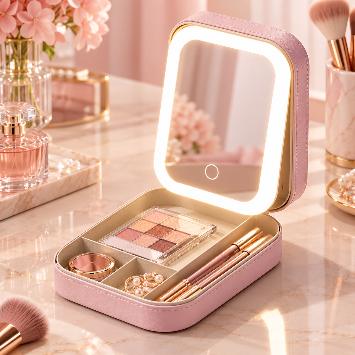 Travel Makeup Case with LED Mirror Rechargeable Jewelry Organizer Box