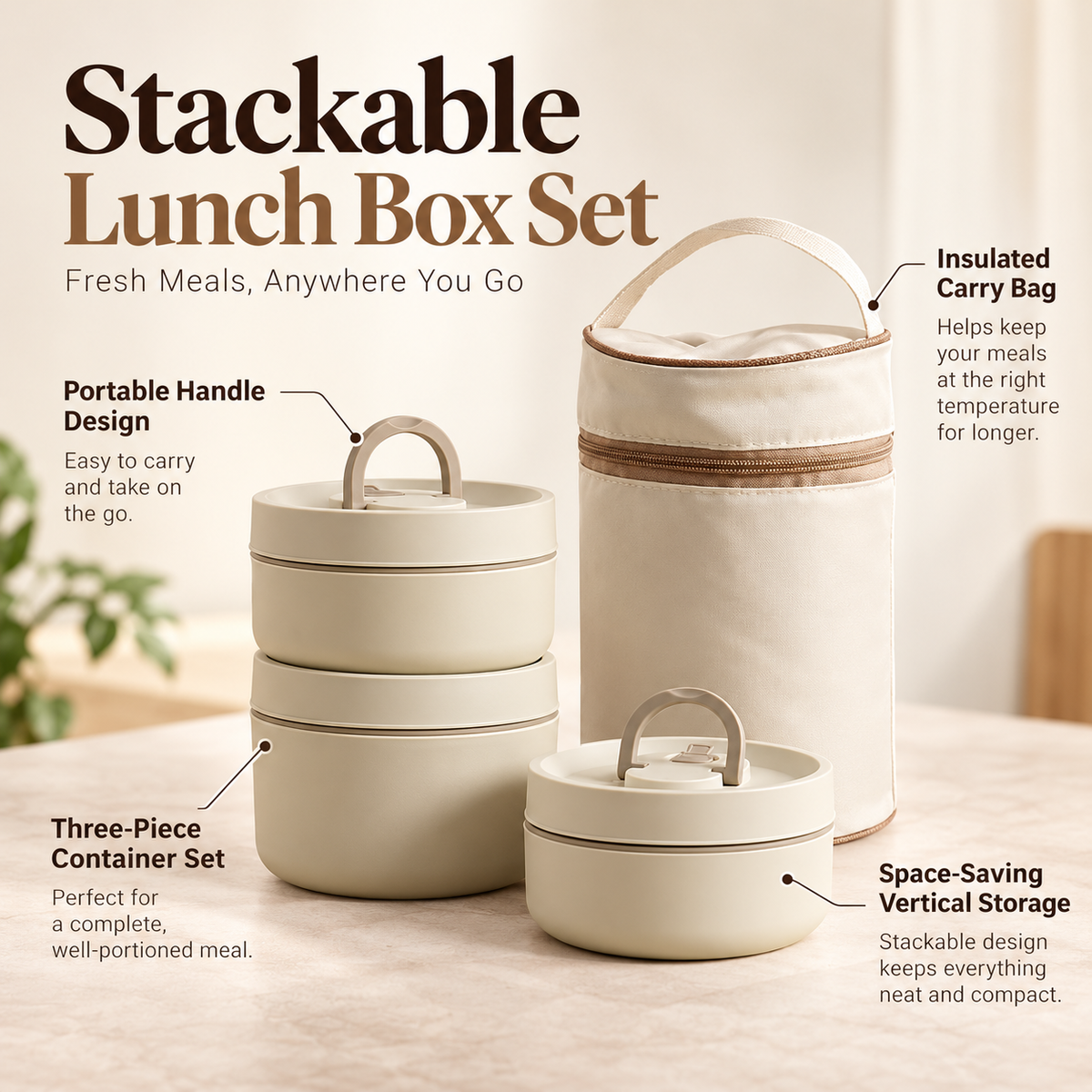 Stackable Insulated Lunch Box Set Stainless Steel with Carry Bag