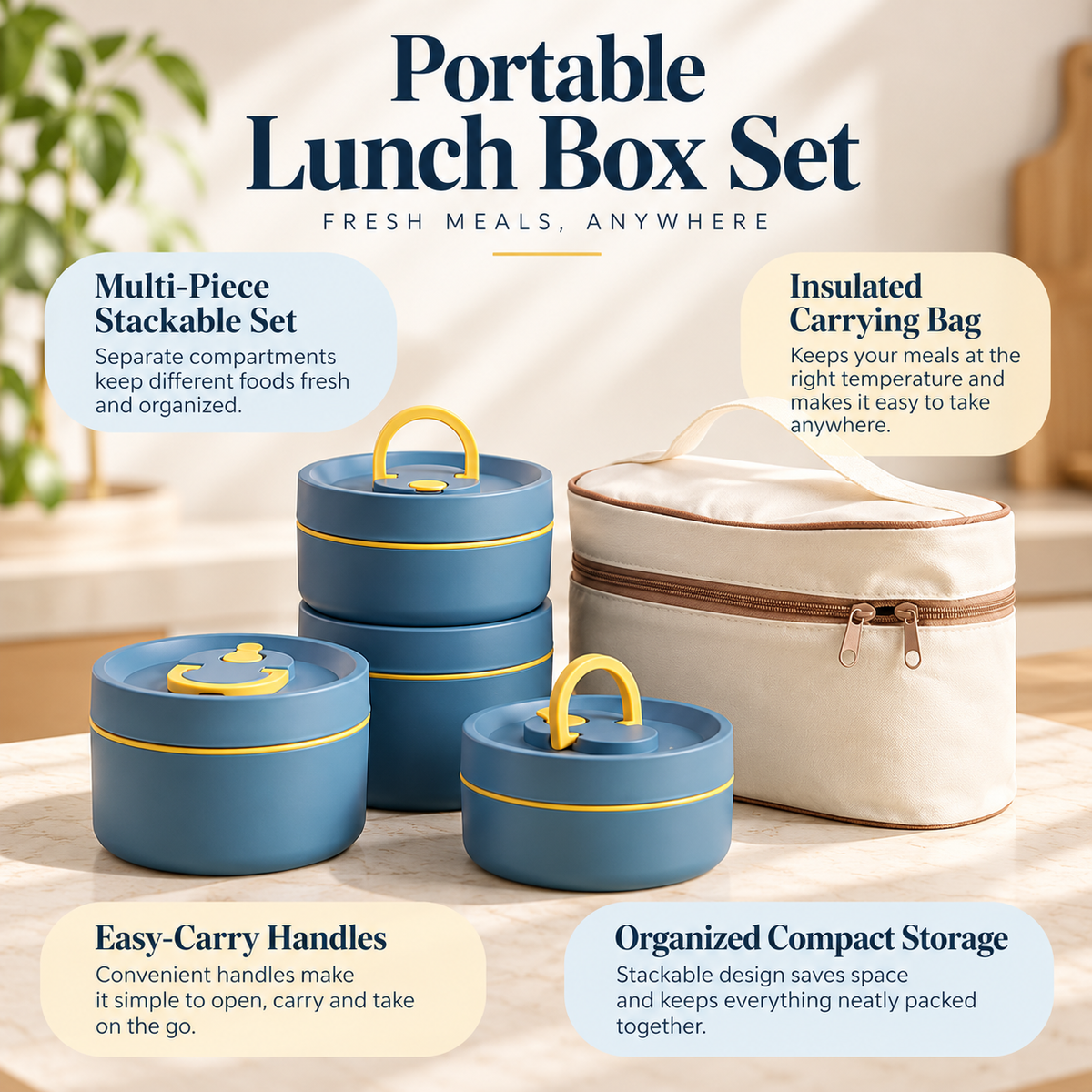Stackable Insulated Lunch Box Set Stainless Steel with Carry Bag