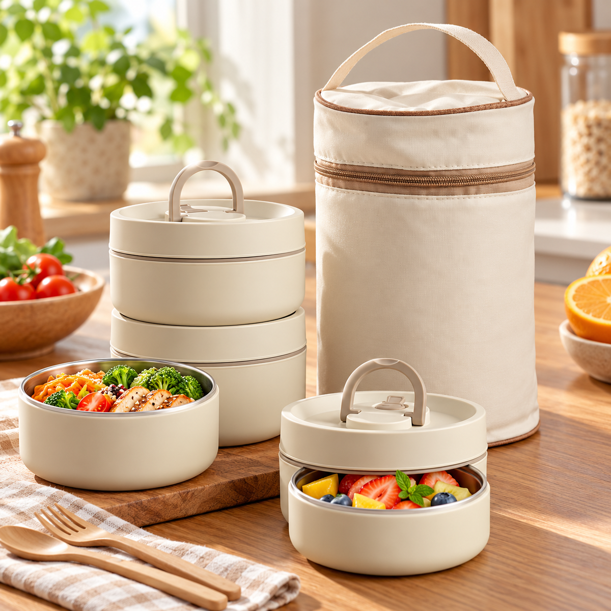 Stackable Insulated Lunch Box Set Stainless Steel with Carry Bag
