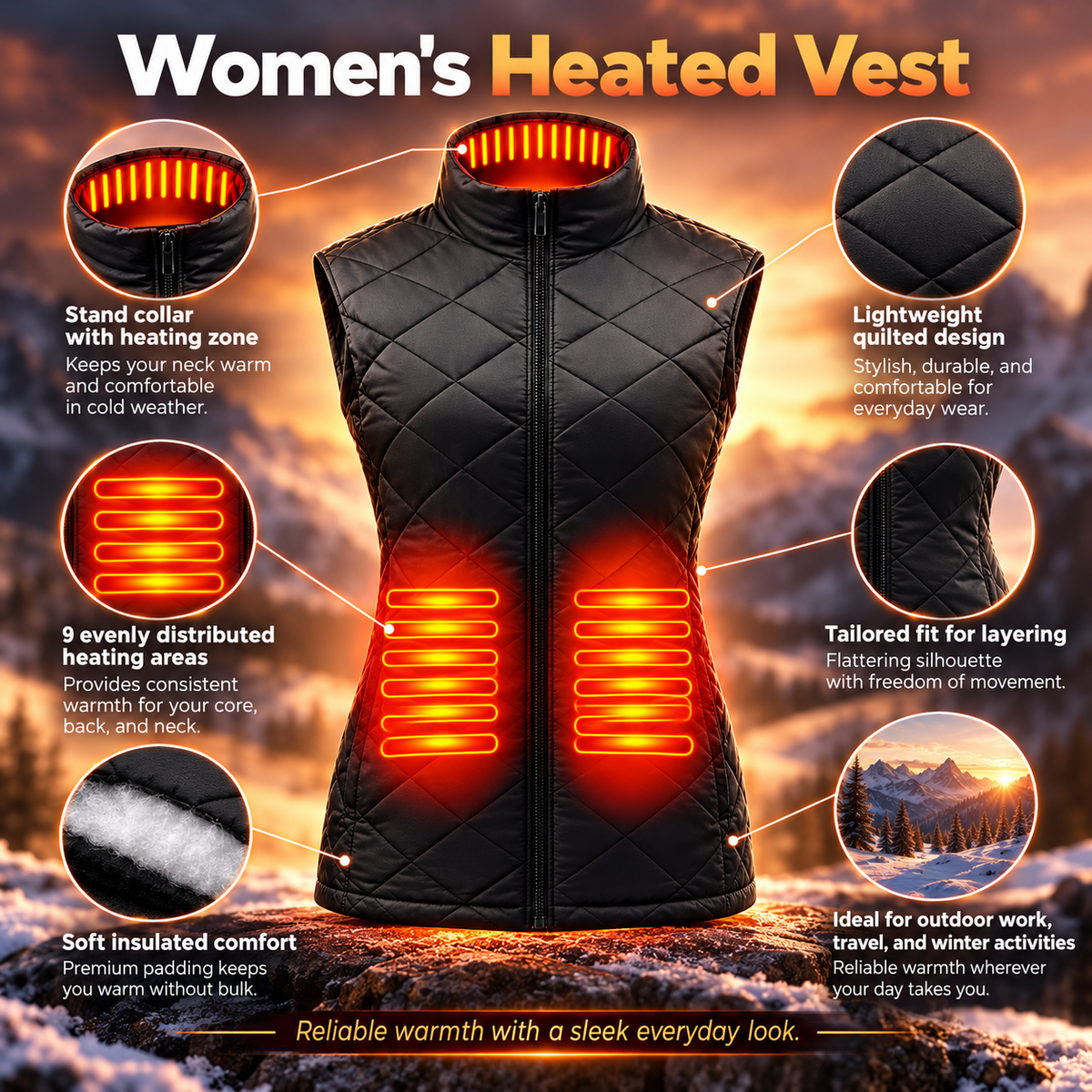 Womens Heated Vest USB Powered Quilted Winter Vest 3 Heat Levels
