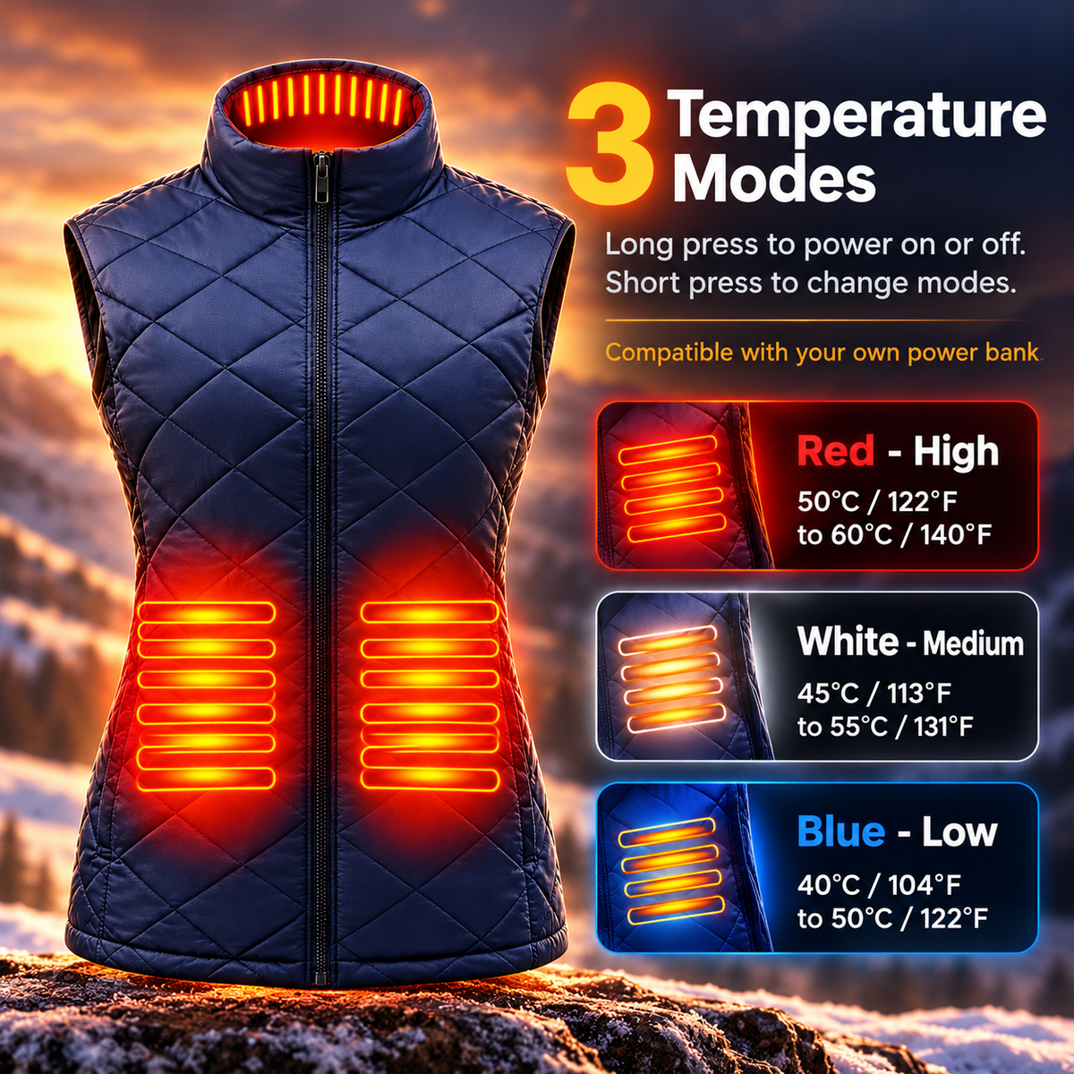 Womens Heated Vest USB Powered Quilted Winter Vest 3 Heat Levels