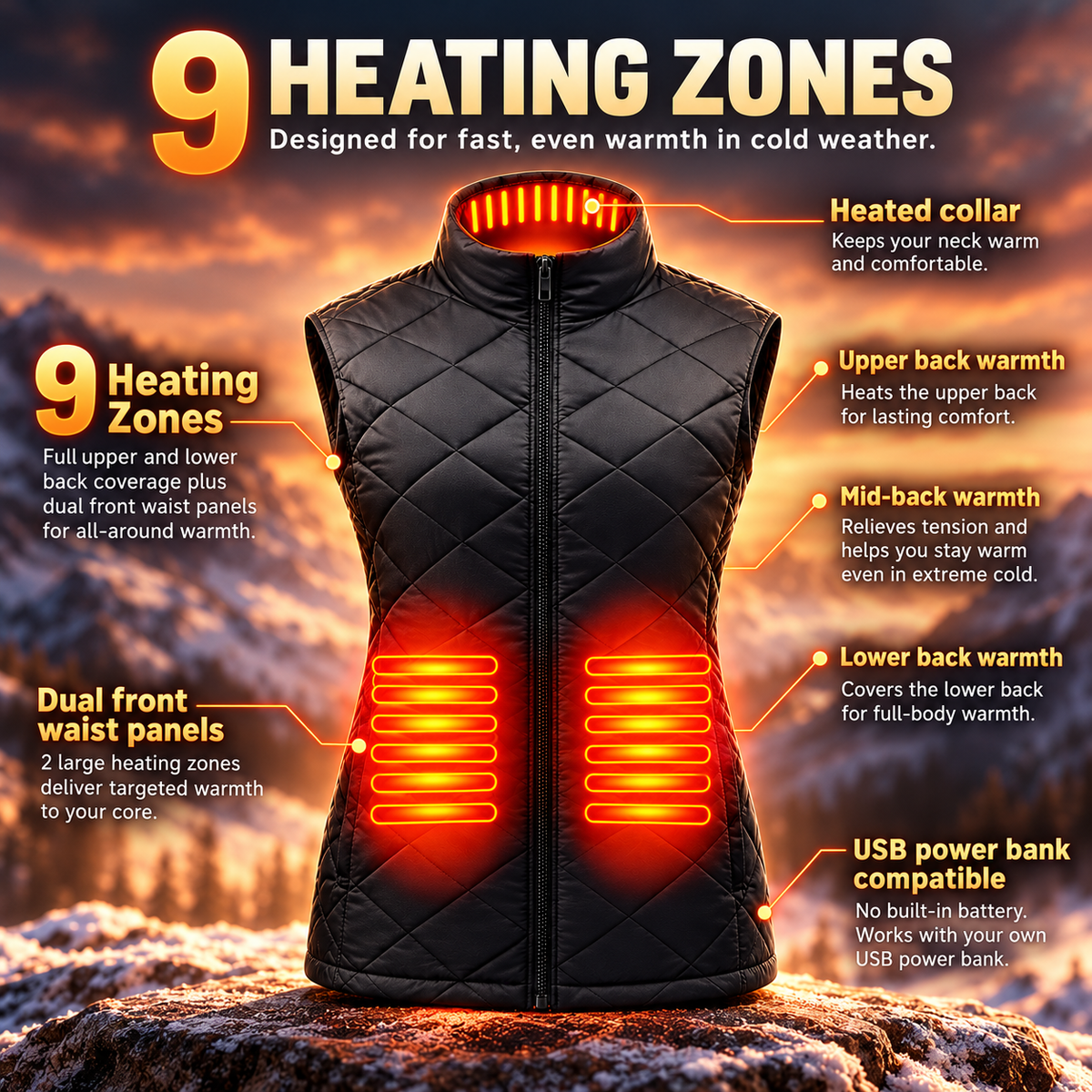 Womens Heated Vest USB Powered Quilted Winter Vest 3 Heat Levels