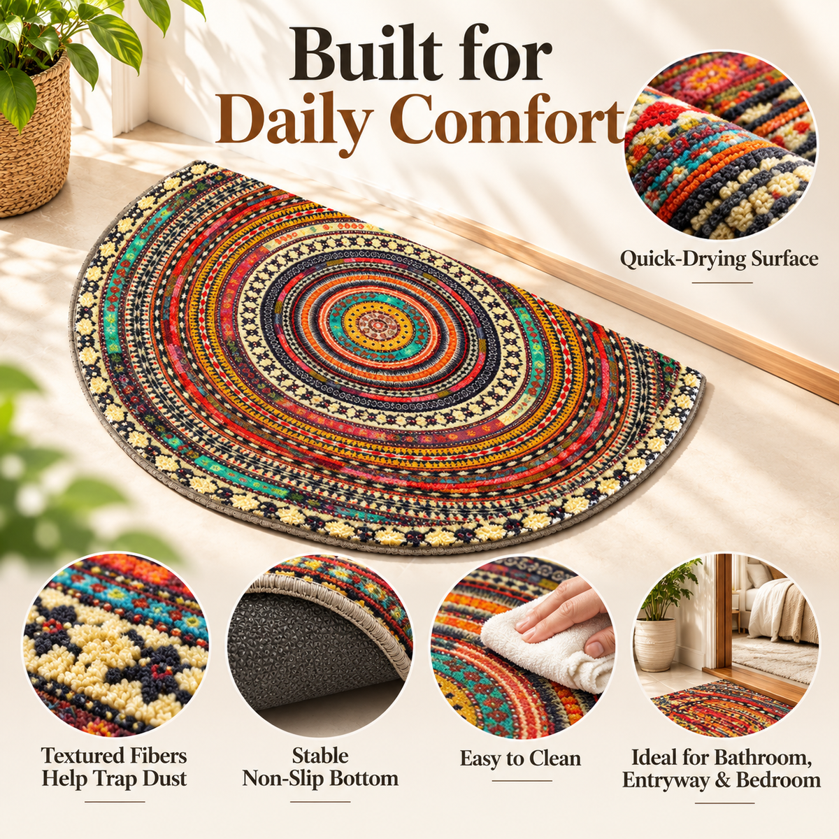Boho Half Moon Doormat Non Slip Thin Entryway Rug Indoor Outdoor Mat