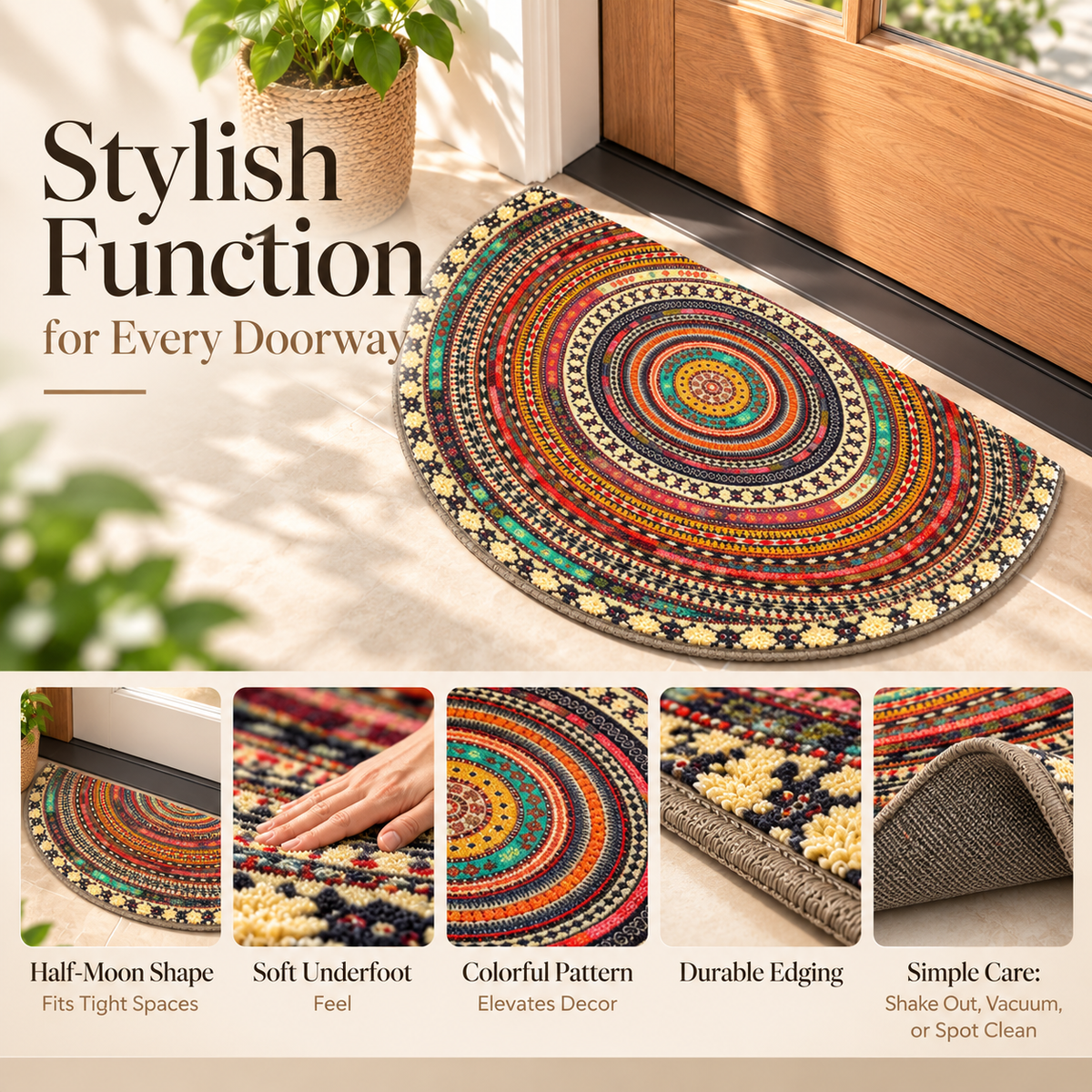 Boho Half Moon Doormat Non Slip Thin Entryway Rug Indoor Outdoor Mat