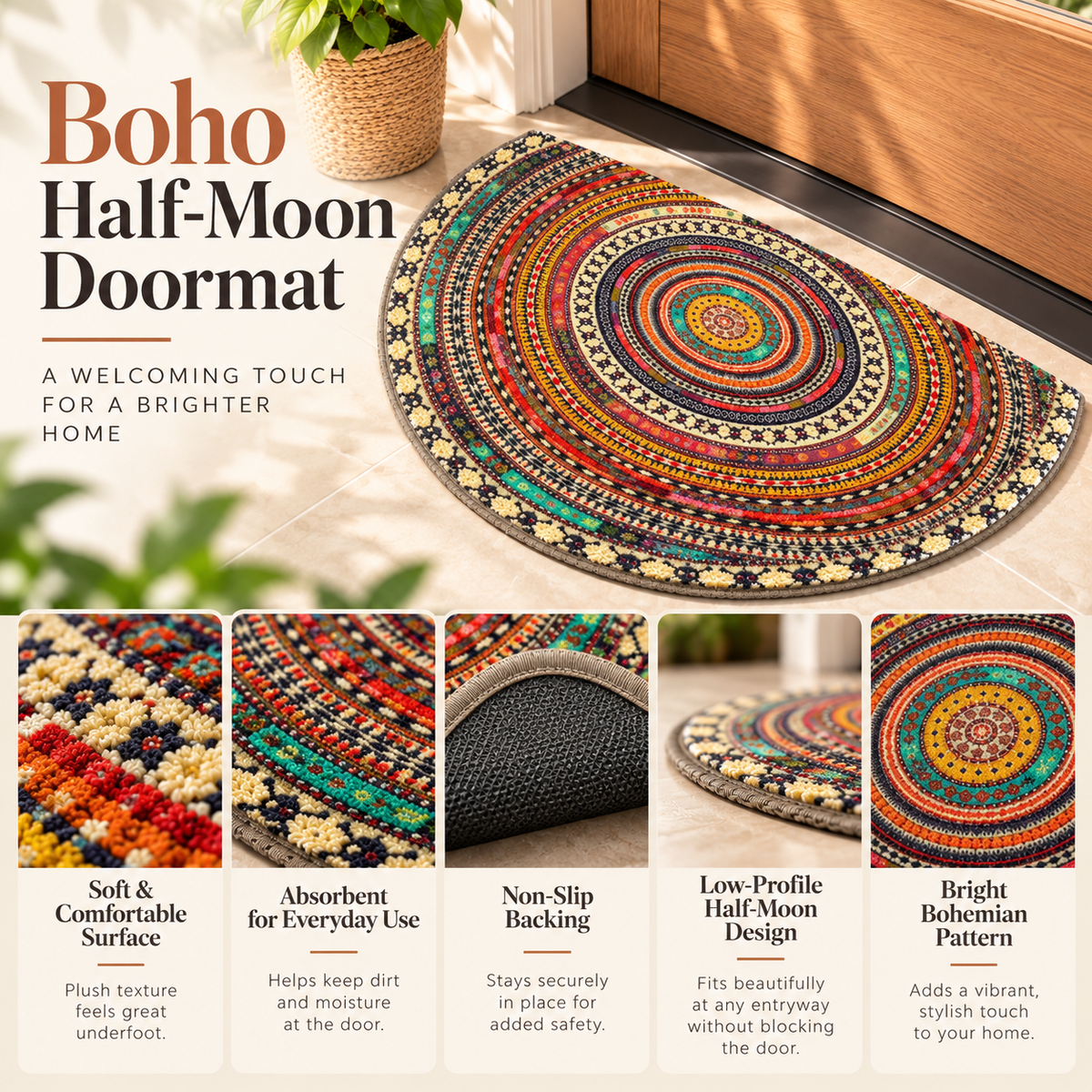 Boho Half Moon Doormat Non Slip Thin Entryway Rug Indoor Outdoor Mat
