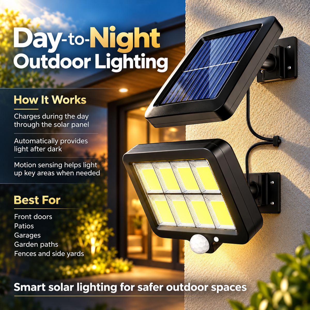 Solar Motion Sensor Wall Light Outdoor COB LED Split Panel Lamp