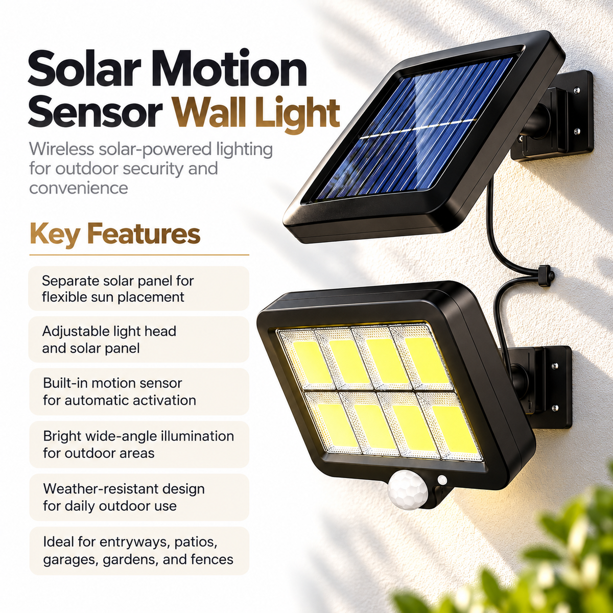 Solar Motion Sensor Wall Light Outdoor COB LED Split Panel Lamp