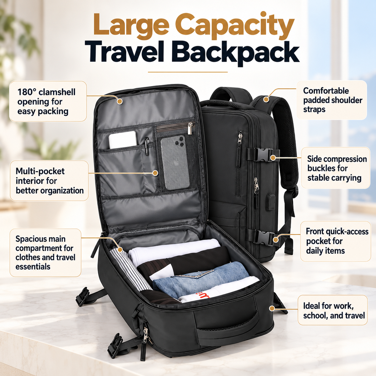 Womens Travel Backpack 35L with USB Port Shoe Compartment Laptop Bag