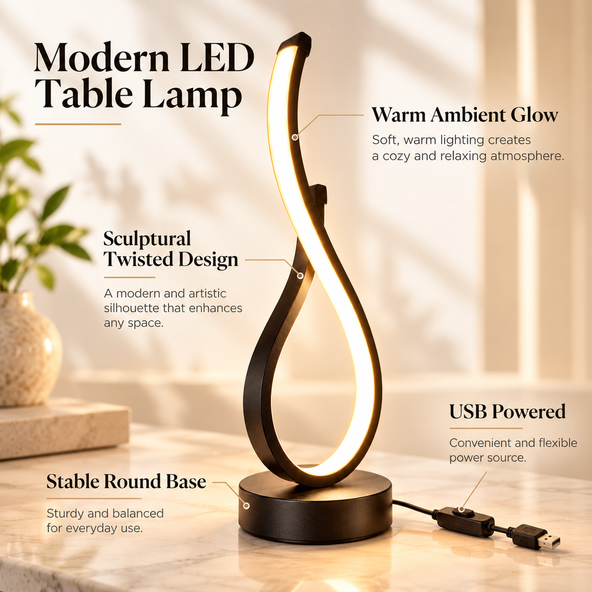 Spiral LED Table Lamp Modern Bedside Lamp USB Powered Decor Light