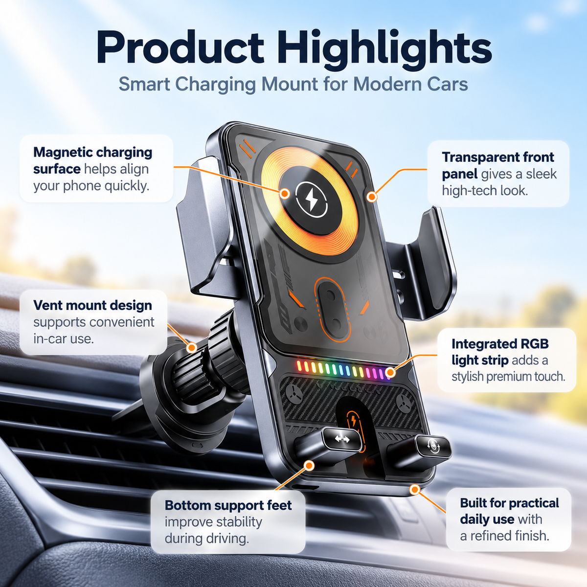Magnetic Wireless Car Charger Mount 15W Air Vent Phone Holder RGB